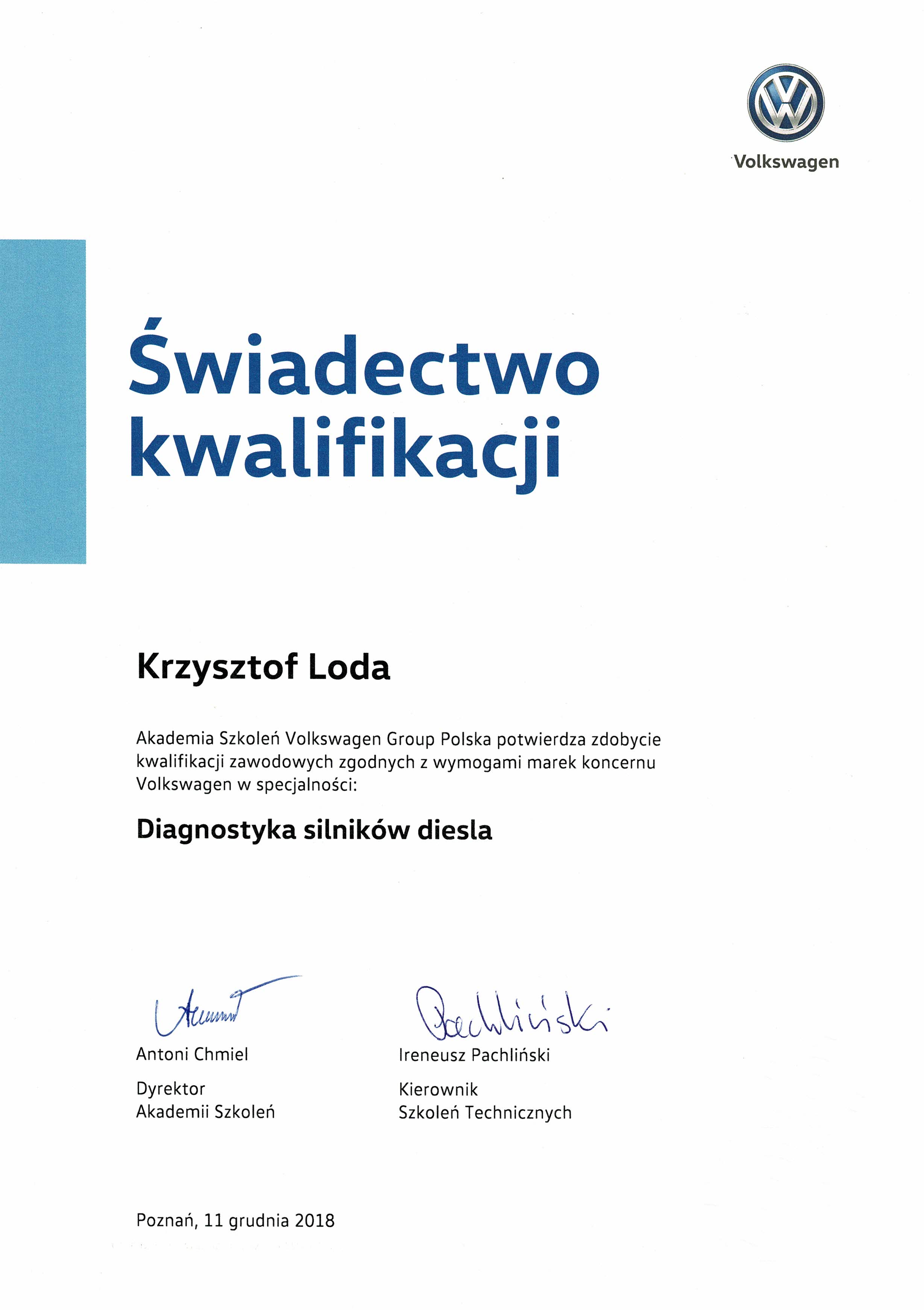 Certyfikat - diagnostyka silników Diesel