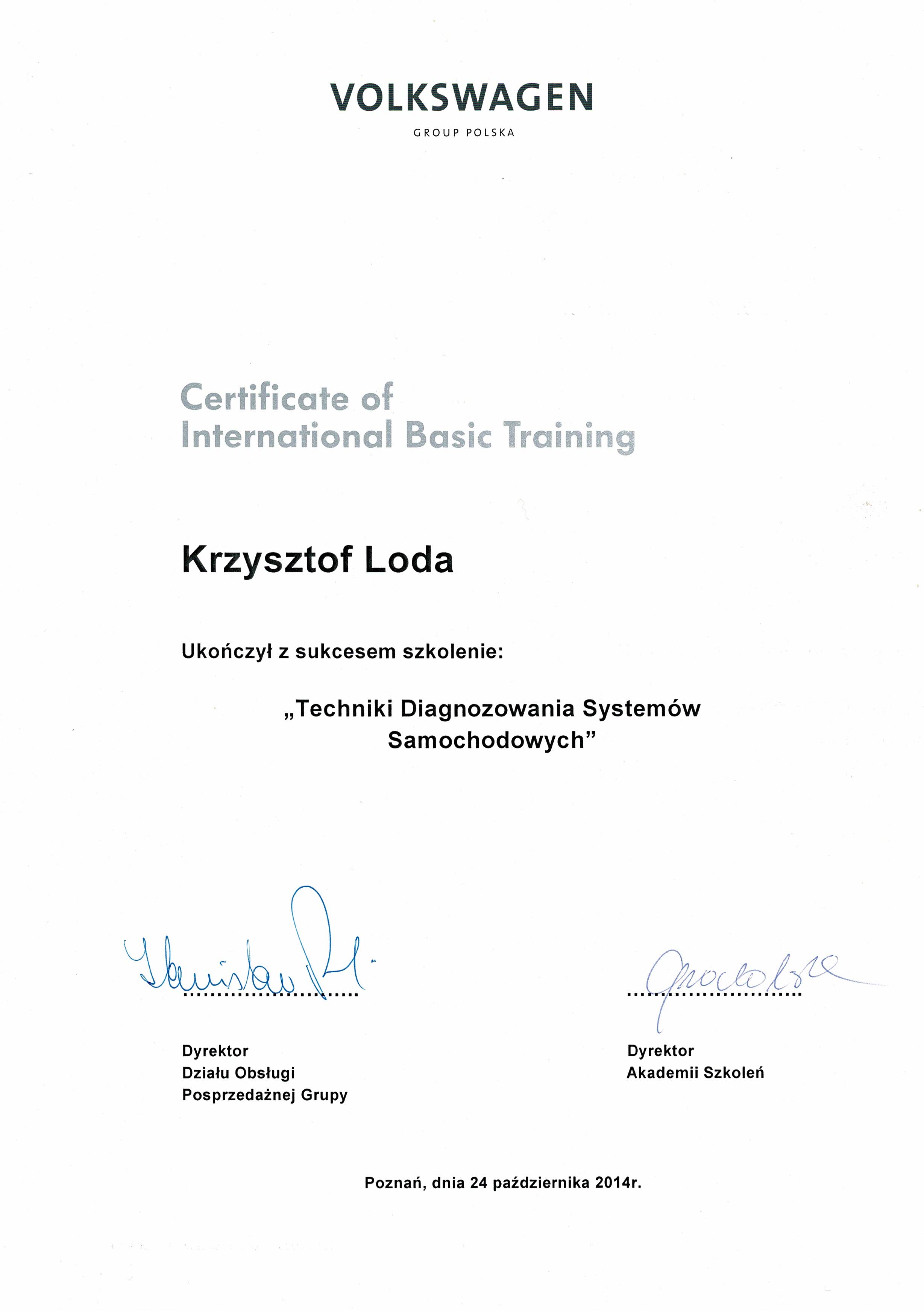 Certyfikat - diagnozowanie systemów samochodowych