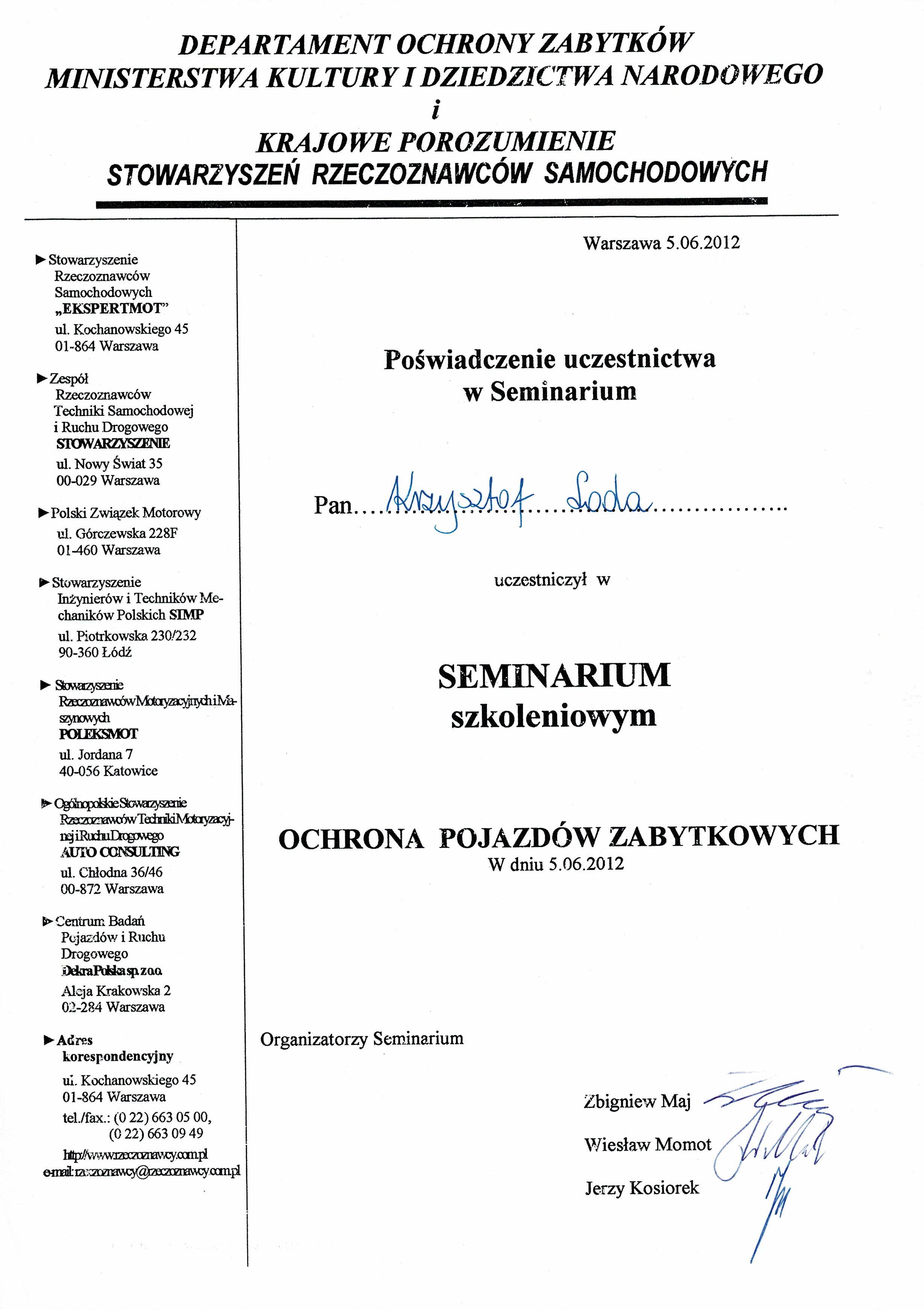 Certyfikat - ochrona pojazdów zabytkowych