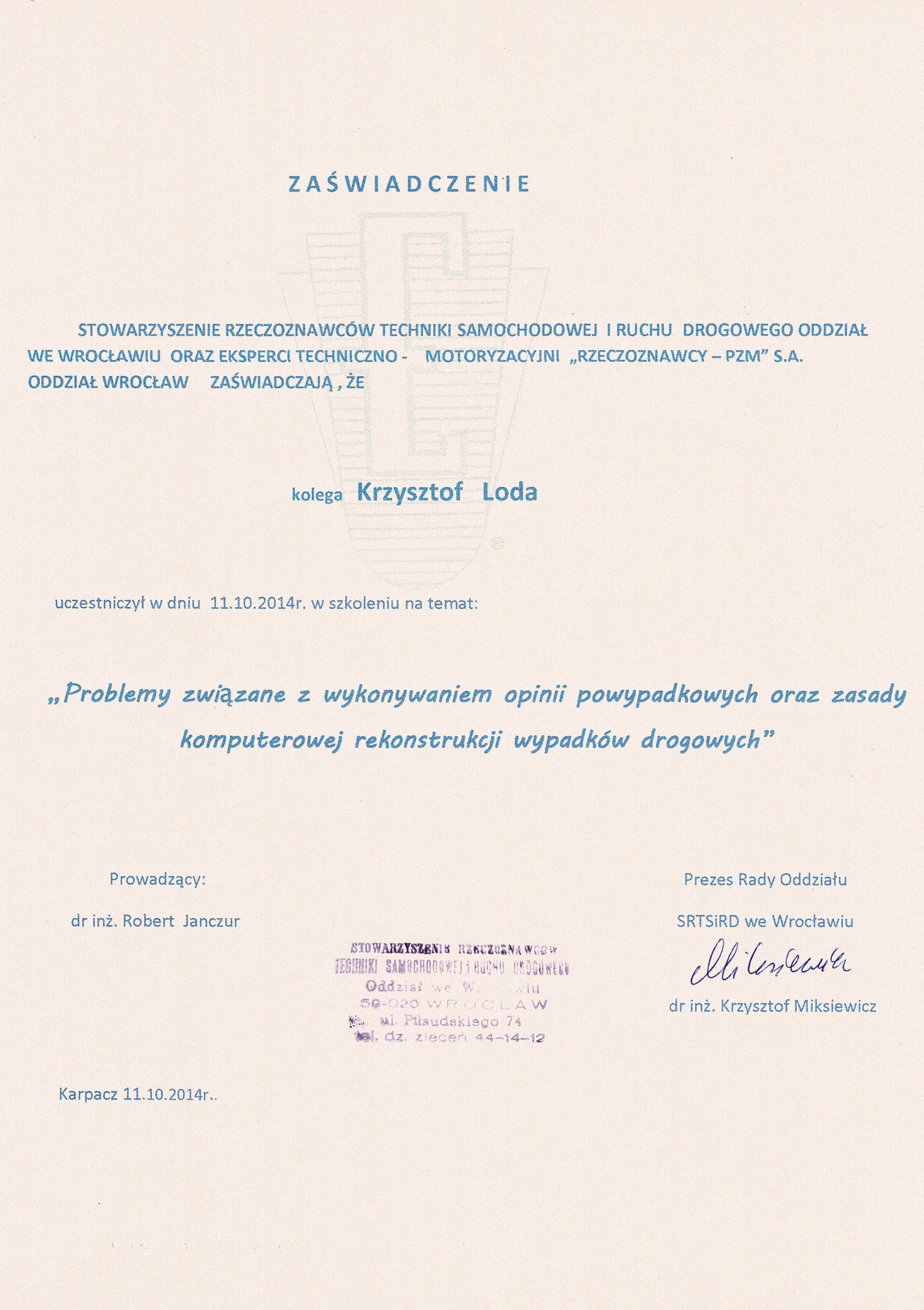 Certyfikat - opinie powypadkowe