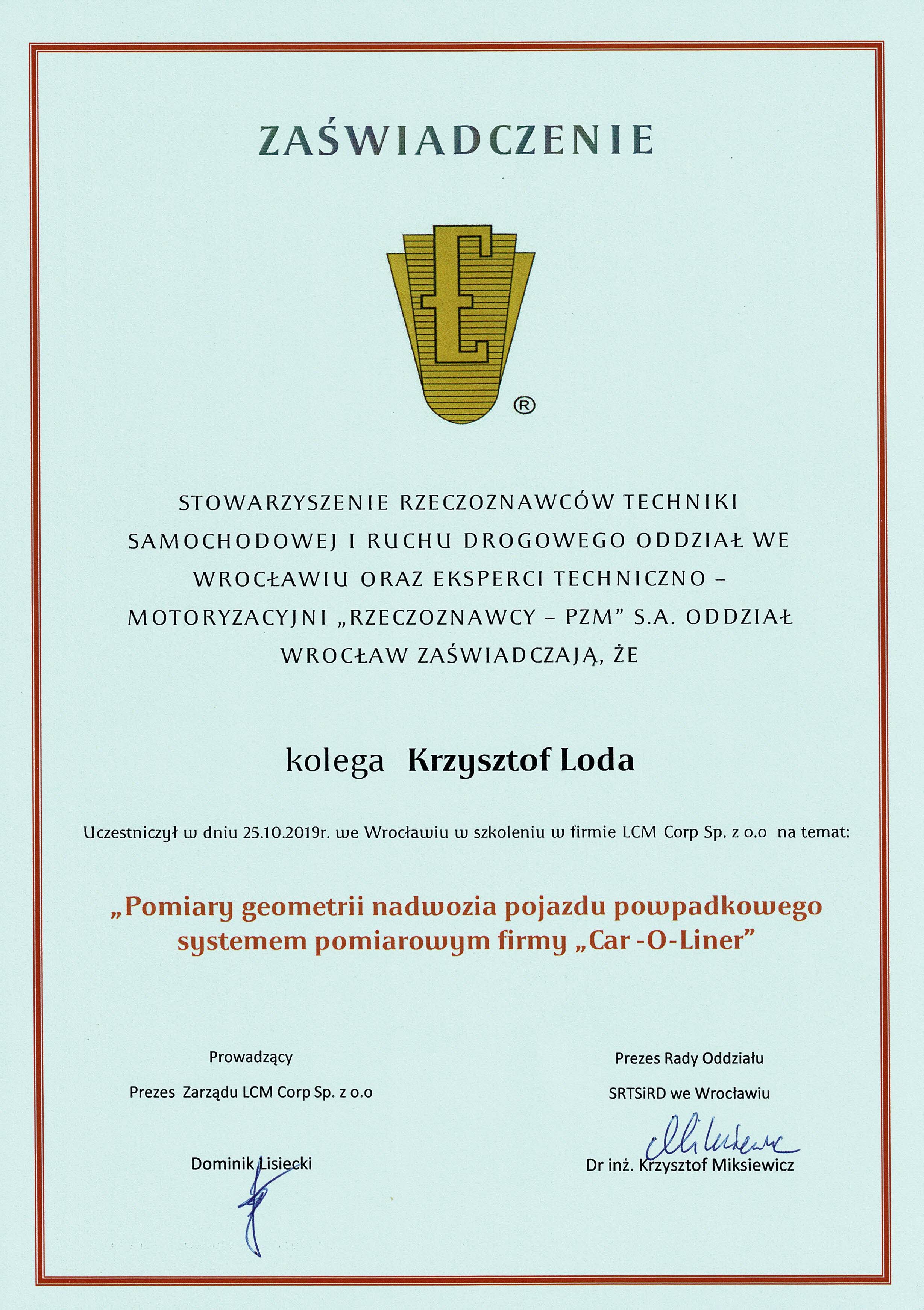 Certyfikat - pomiary geometrii