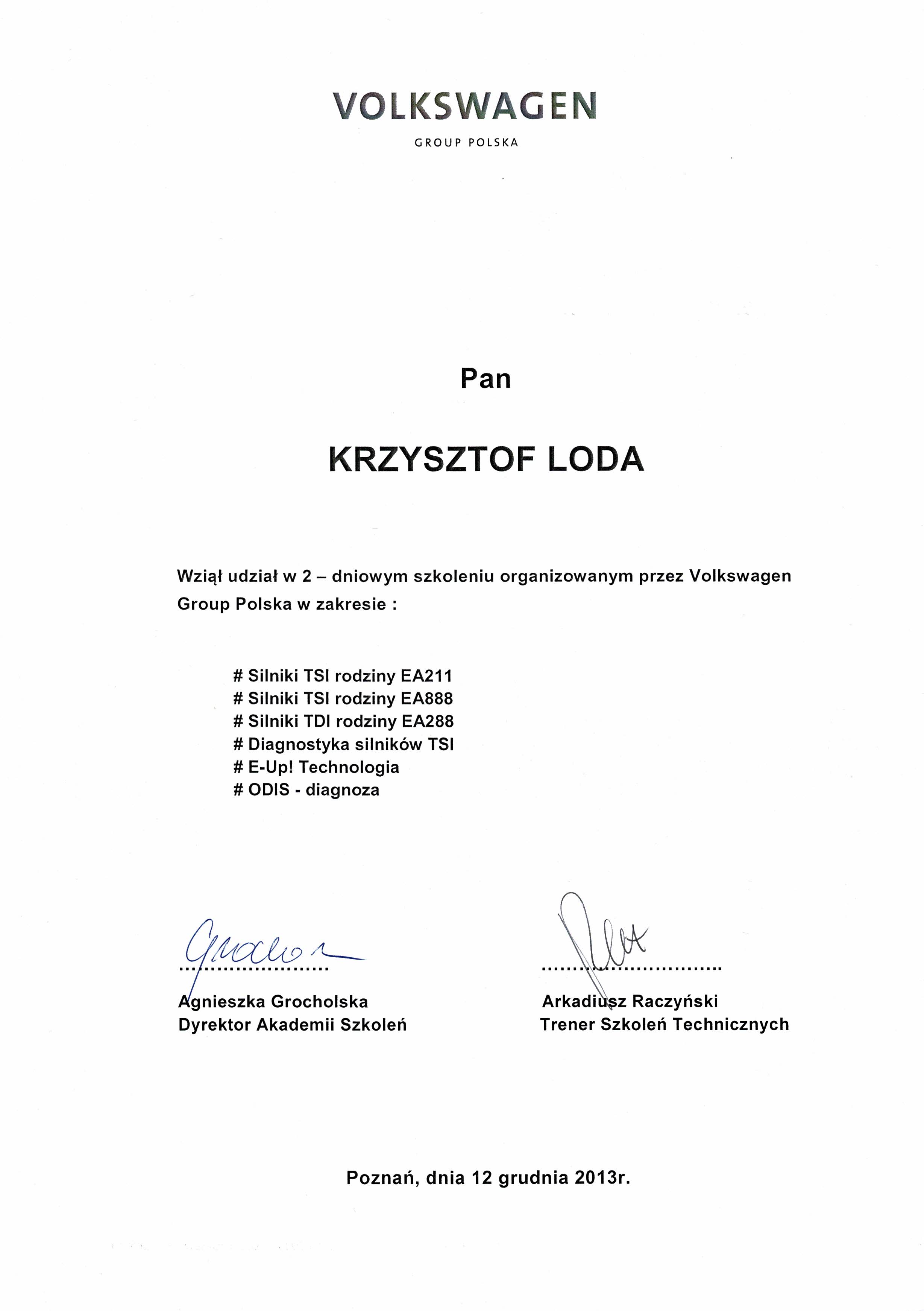 Certyfikat - silniki TSI